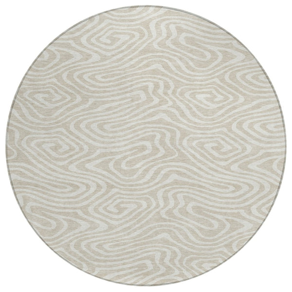 HomeRoots 5' Stylish Beige and Linen Abstract Washable Rug for Indoor and Outdoor Use – Durable and Versatile 8' Round 598946