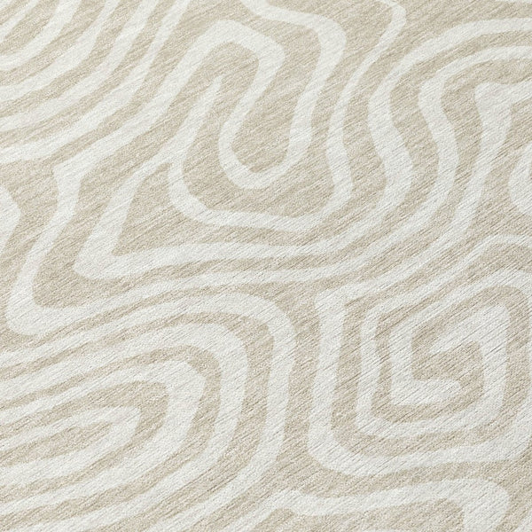 HomeRoots 5' Stylish Beige and Linen Abstract Washable Rug for Indoor and Outdoor Use – Durable and Versatile 8' Round 598946