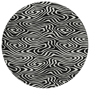 HomeRoots 5' Black and Ivory Abstract Area Rug – Washable, Durable, Indoor/Outdoor Mat for Modern Spaces 8' Round 598952