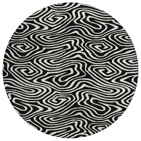 HomeRoots 5' Black and Ivory Abstract Area Rug – Washable, Durable, Indoor/Outdoor Mat for Modern Spaces 8' Round 598952