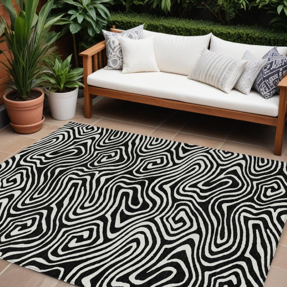 HomeRoots 9' X 12' Black and Ivory Abstract Area Rug - Stylish, Washable, and Durable for Indoor & Outdoor Use 598954