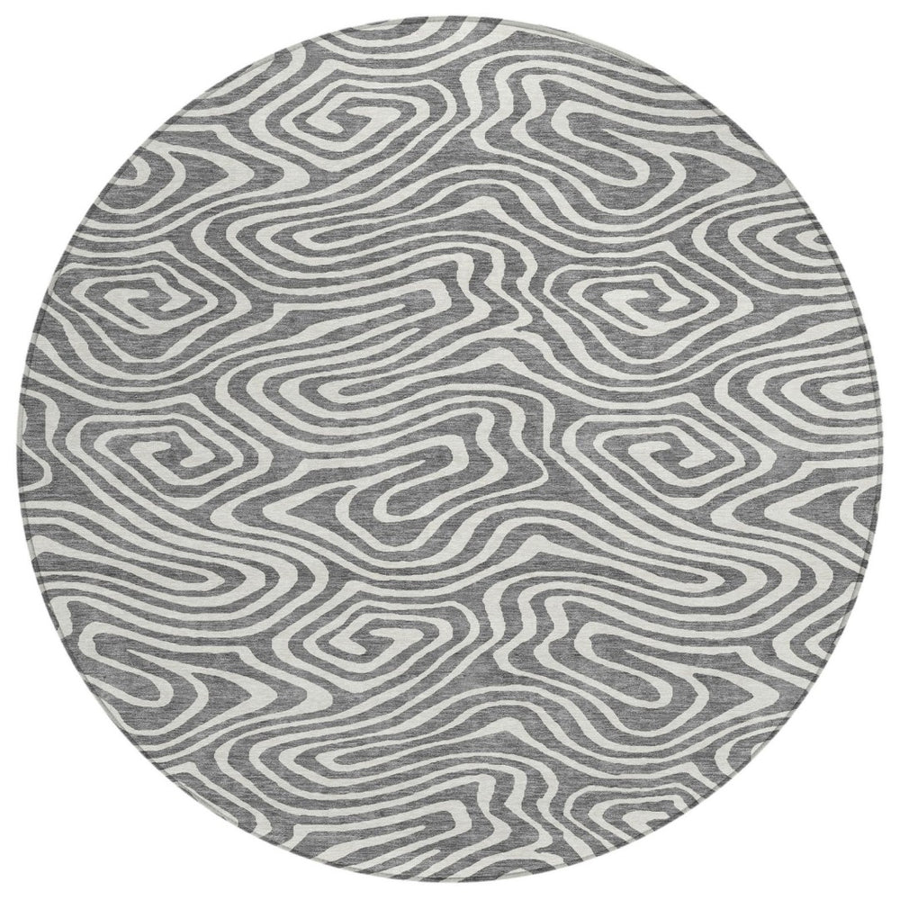 HomeRoots 5' Gray and Ivory Abstract Area Rug – Stylish, Washable, Stain-Resistant for Indoor and Outdoor Use 8' Round 598970