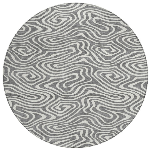 HomeRoots 5' Gray and Ivory Abstract Area Rug – Stylish, Washable, Stain-Resistant for Indoor and Outdoor Use 8' Round 598970
