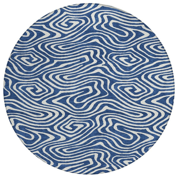 HomeRoots 5' Navy Blue and Ivory Abstract Area Rug - Stylish, Washable, Durable for Indoor and Outdoor Use 8' Round 598982