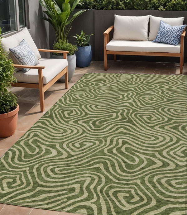 Homeroots 3' Artichoke Green Abstract Washable Area Rug For Indoor And Outdoor Spaces - Durable And Stylish 5' X 8' Polyester 598987