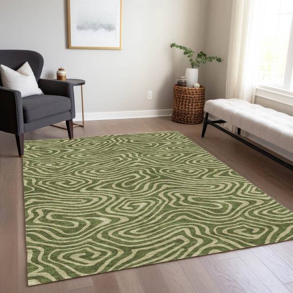 Homeroots 3' Artichoke Green Abstract Washable Area Rug For Indoor And Outdoor Spaces - Durable And Stylish 5' X 8' Polyester 598987