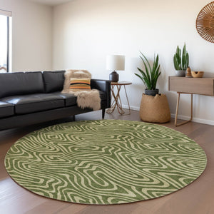 Homeroots 3' Artichoke Green Abstract Washable Area Rug For Indoor And Outdoor Spaces - Durable And Stylish 8' Round Polyester 598988