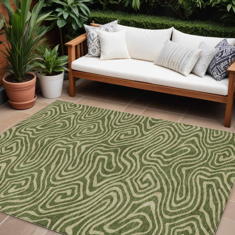 HomeRoots 9' X 12' Stylish Olive Green Abstract Area Rug – Durable, Washable, Indoor & Outdoor Use for High-Traffic Areas 598990