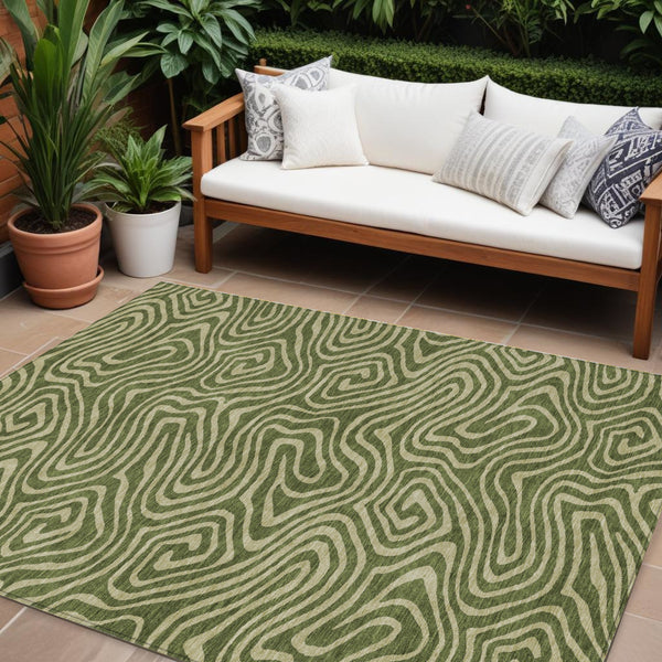 Homeroots 3' Artichoke Green Abstract Washable Area Rug For Indoor And Outdoor Spaces - Durable And Stylish 10' X 14' Polyester 598991