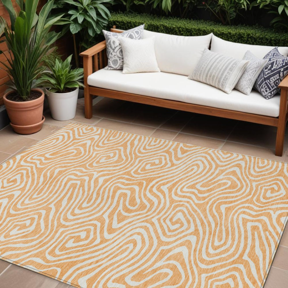 HomeRoots 5' Peach and Ivory Abstract Area Rug - Stylish, Washable Design for Indoor and Outdoor Spaces 10' X 14' 598997