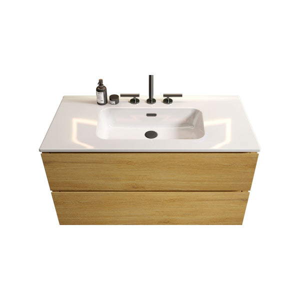 English Elm Tia 36" Natural Oak Wall-Mount Bathroom Vanity With Ceramic Sink, Soft-Close Drawers & Storage Space W1865S00069-GIGA