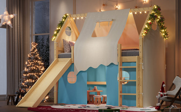 English Elm Twin Pine Loft Bed with House Frame Tent Led Lights Slide and Floor Space Below W1580S00290