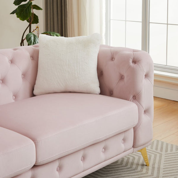 English Elm Fx Chesterfield Velvet Sofa with Diamond Tufting Polished Legs and Accent Pillows Pink W1926S00082