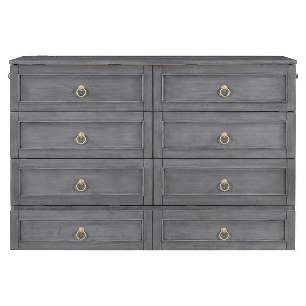 English Elm Queen Murphy Wall Bed with Rattan Panel Cabinet and Storage Drawers for Studio Rooms Gray LP000676AAE