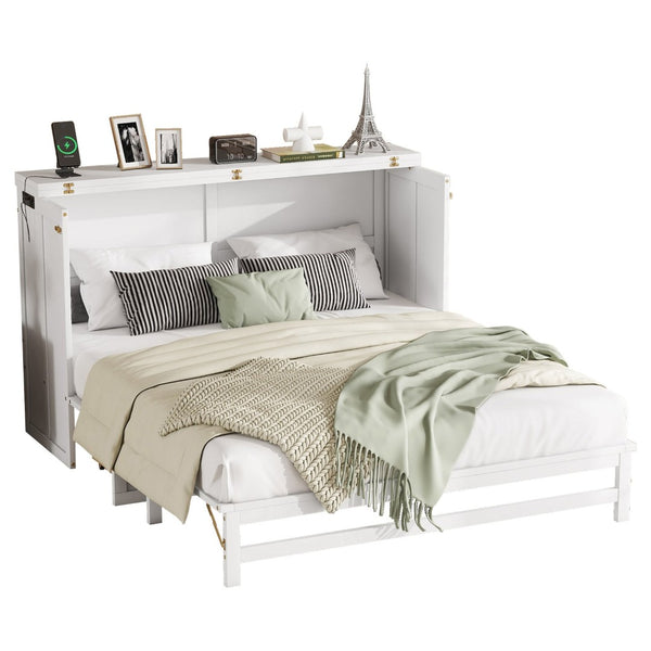 English Elm Murphy Cabinet Queen Bed Solid Pine Frame with Built-in Charging Station for Guest Rooms White W504S00164