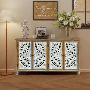 English Elm Accent Distressed Cabinet with 4 Doors - Farmhouse Sideboard Buffet, Carved Floral Fronts, Slim Storage for Entryway W2295P246504