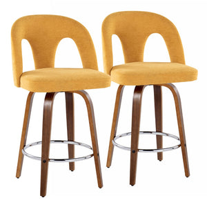 English Elm Fixed-height Swivel Counterstools Walnut Bentwood Legs Yellow Upholstery Chrome Footrest Pair B202S01797