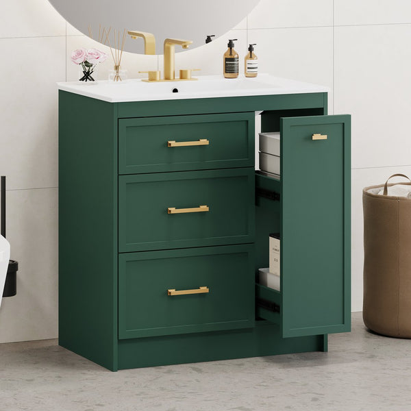 English Elm Classic 30" Forest Green Bathroom Vanity with Gold Handles, Double-Layer Drawer, Ceramic Sink Elegance N729P194978F