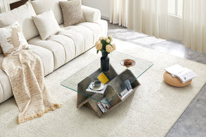English Elm Tempered Glass Top Coffee Table with Carved Wood Grain Mdf Base and Open Storage W3875P387030