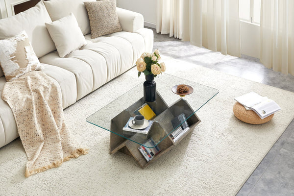 English Elm Tempered Glass Top Coffee Table with Carved Wood Grain Mdf Base and Open Storage W3875P387030