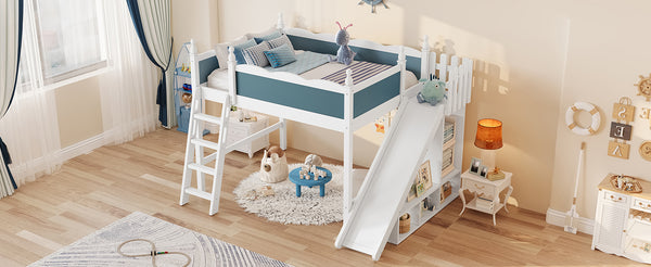 English Elm Full Loft Bed With Slide, Storage Shelves & Cabinet - Solid Wood Design For Fun & Organization! W1580S00246