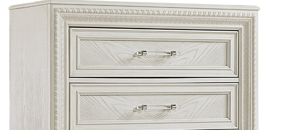 English Elm 1pc Five-Drawer Tall Storage Chest with Bright Finish, Elegant Pulls, Spacious Wooden Bedroom Tower Antique White 41 L x 22.5 W x 57 H B2741P408963