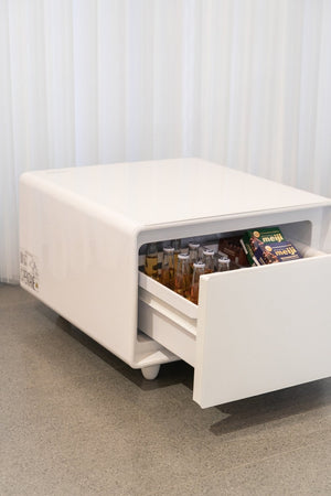 English Elm Modern Coffee Table with Built in Mini Fridge Power Outlets and Beverage Storage White W1172P483597