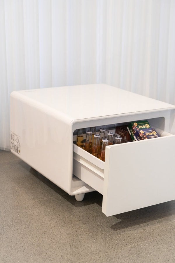 English Elm Modern Coffee Table with Built in Mini Fridge Power Outlets and Beverage Storage White W1172P483597