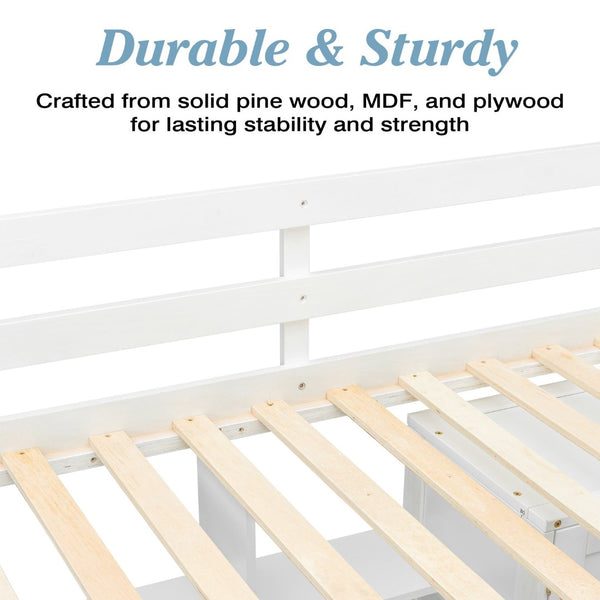 English Elm Twin Over Full Bunk Bed Solid Pine Frame with Built-in Slide and Storage Staircase White W504S00264