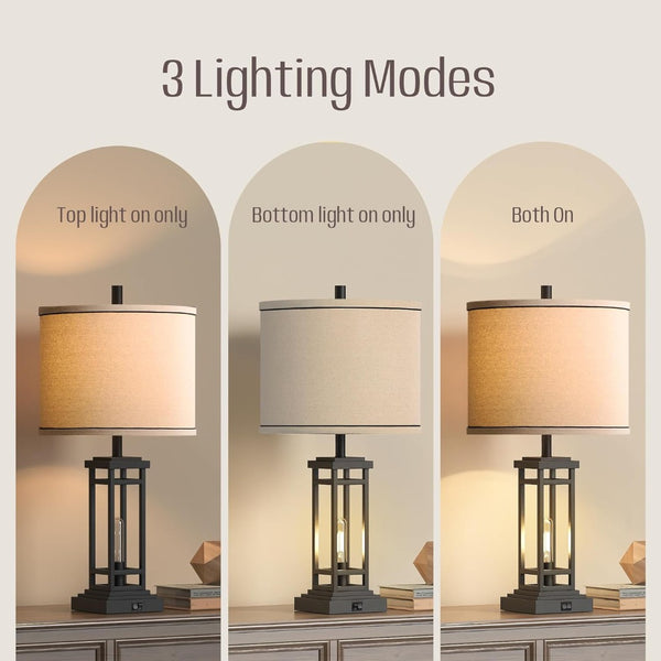English Elm 27.5 Inch Farmhouse Bronze Table Lamp Set with Usb Charging Ports for Bedroom Decor W3355P440796