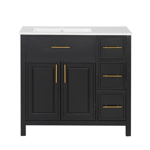 English Elm 36" Matte Freestanding Bathroom Vanity Solid Wood Cabinet Ceramic Sink Three Drawers Black N725P364205B
