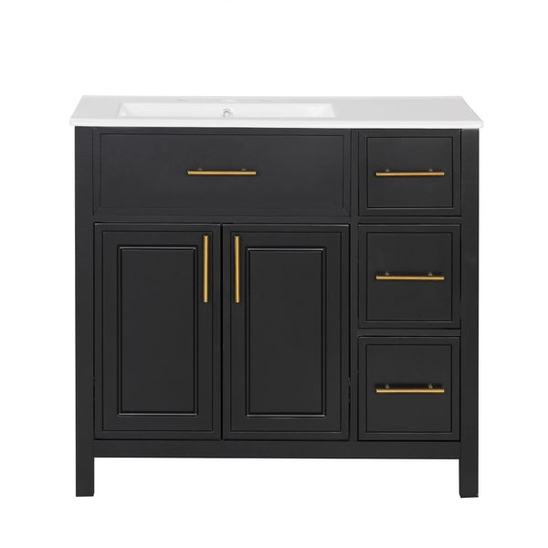English Elm 36" Matte Freestanding Bathroom Vanity Solid Wood Cabinet Ceramic Sink Three Drawers Black N725P364205B