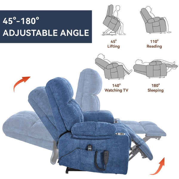 English Elm Dual Motor Power Lift Recliner with Massage Heat and Leatherair Upholstery for Living Room Blue W3224P290205