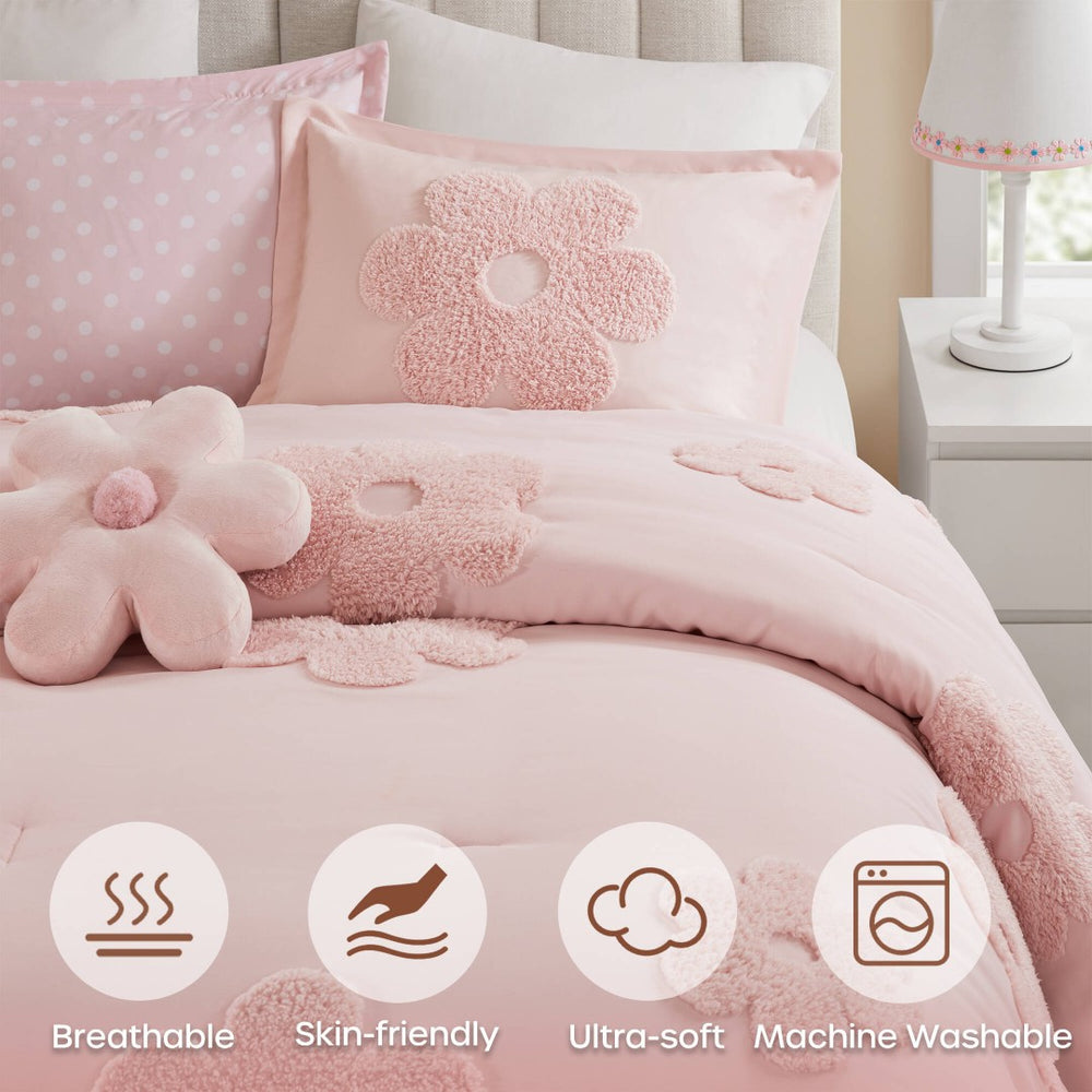 English Elm 4-piece Reversible Tufted Chenille Floral Comforter Set with Decorative Flower Pillow B035P408214