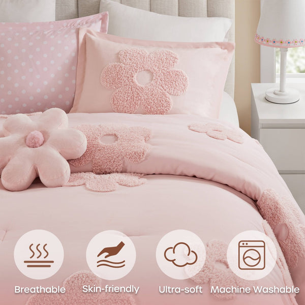 English Elm 4-piece Reversible Tufted Chenille Floral Comforter Set with Decorative Flower Pillow B035P408214