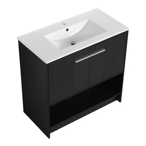 English Elm 36" Bathroom Vanity With Ceramic Sink, Soft-Close Doors, Modern Plywood Cabinet & Open Shelf Storage W1972S00020