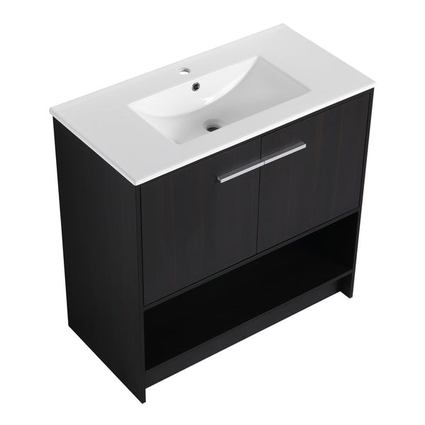 English Elm 36" Bathroom Vanity With Ceramic Sink, Soft-Close Doors, Modern Plywood Cabinet & Open Shelf Storage W1972S00020