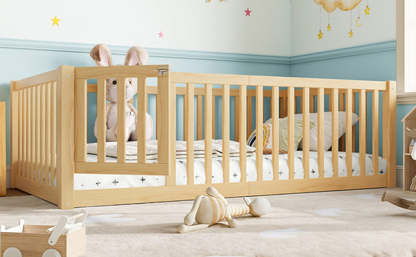 English Elm Twin Floor Bed Pine Wood Frame with Guardrails and Door for Safe Toddler Sleep Natural W1580P417669