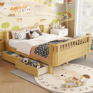 English Elm Twin Kids Platform Bed Solid Pine White Finish with Storage Drawers and Safety Rails Natural W2593P409119
