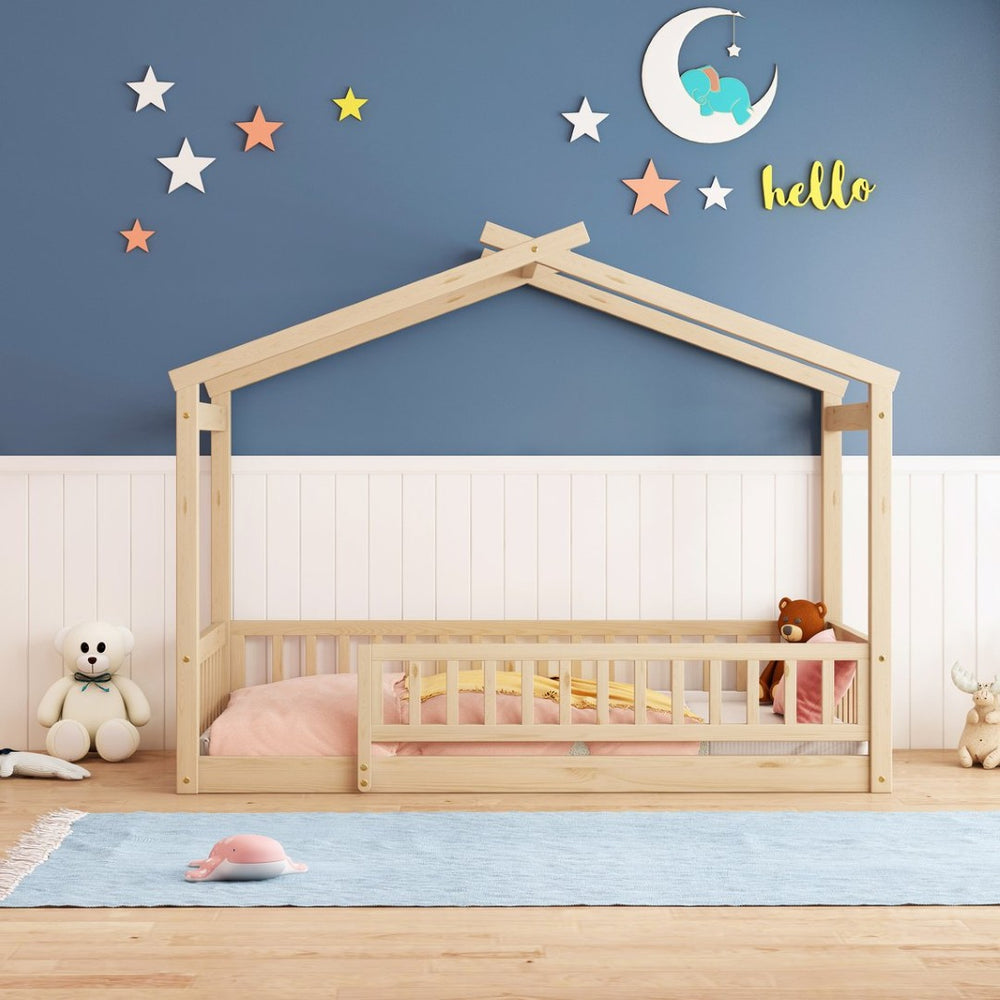 English Elm Twin Solid Pine House Bed Playhouse Frame with Fence Rail for Kids Rooms WF302176AAN