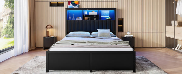English Elm Queen Storage Bed Frame with Led Lighting Charging Station and Four Under Drawers W1670S00030