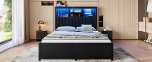 English Elm Queen Storage Bed Frame with Led Lighting Charging Station and Four Under Drawers W1670S00031