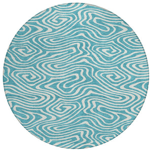 HomeRoots 5' Teal Blue and Ivory Abstract Area Rug - Stylish, Washable, Slip-Resistant for Indoor/Outdoor Use 8' Round 599018