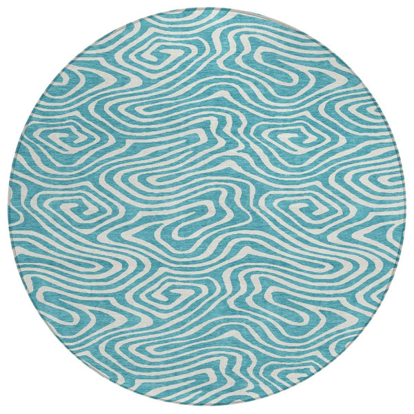 HomeRoots 5' Teal Blue and Ivory Abstract Area Rug - Stylish, Washable, Slip-Resistant for Indoor/Outdoor Use 8' Round 599018
