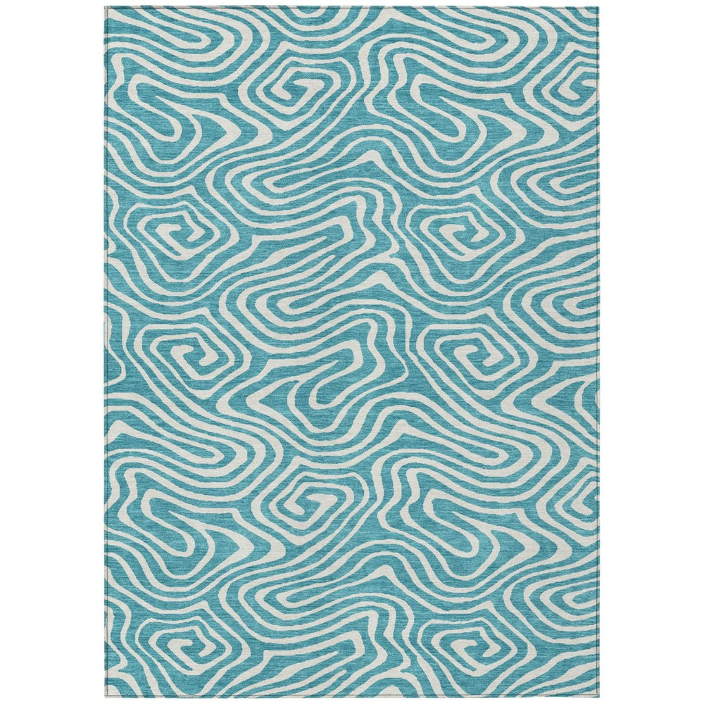 HomeRoots 5' Teal Blue and Ivory Abstract Area Rug - Stylish, Washable, Slip-Resistant for Indoor/Outdoor Use 10' X 14' 599021