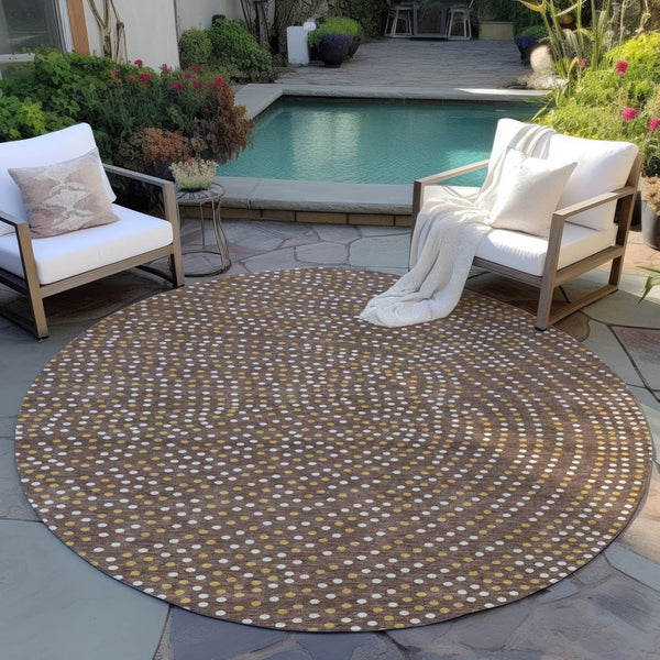 Homeroots 3' Stylish Brown Gold And Ivory Polka Dot Washable Area Rug For Indoor And Outdoor Spaces 8' Round Polyester 599030
