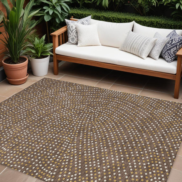 Homeroots 3' Stylish Brown Gold And Ivory Polka Dot Washable Area Rug For Indoor And Outdoor Spaces 8' X 10' Polyester 599031
