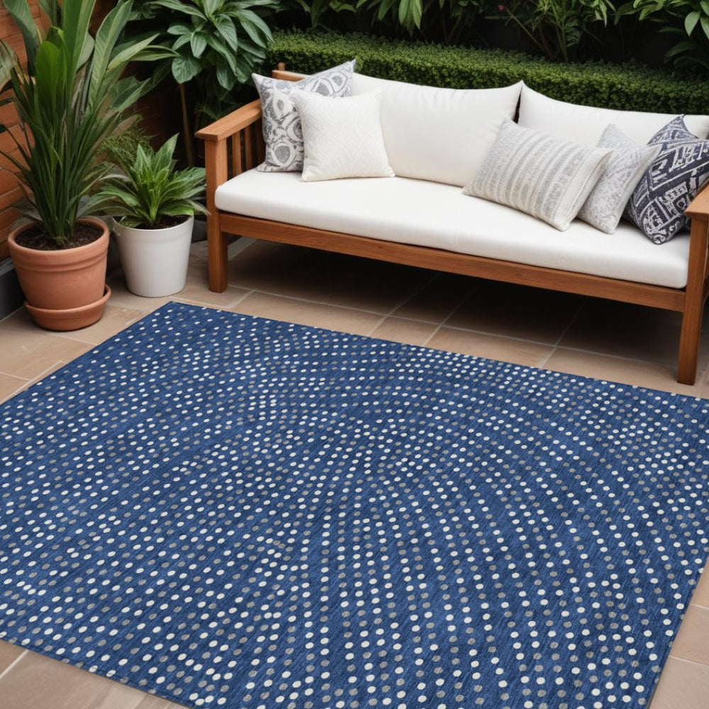 HomeRoots 9' X 12' Navy Blue Gray Ivory Polka Dot Area Rug - Stylish, Durable & Washable for Indoor/Outdoor Use 599062
