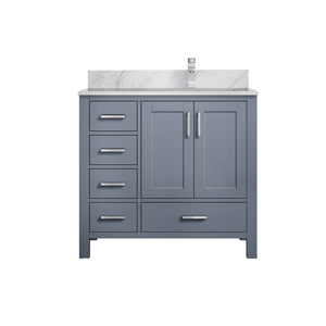 English Elm Dark Grey 36 in Bath Vanity with Right-Offset Carrara Marble Top, Chrome Faucet, Soft-Close Drawers B2731P259030