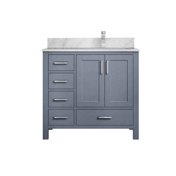 English Elm Dark Grey 36 in Bath Vanity with Right-Offset Carrara Marble Top, Chrome Faucet, Soft-Close Drawers B2731P259030